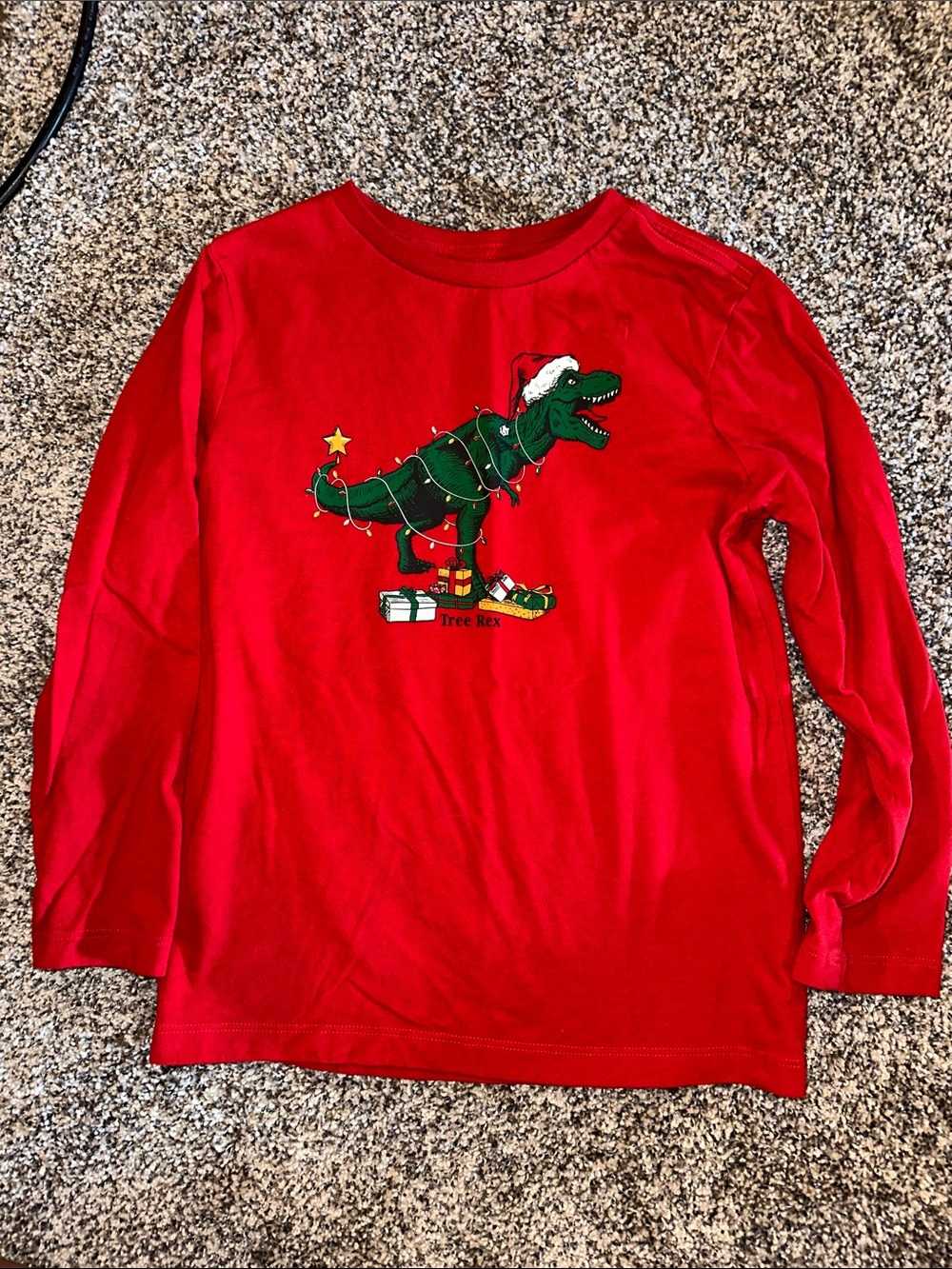 Holiday Time Red Long Sleeve Tee with Green Dino Holiday Graphic